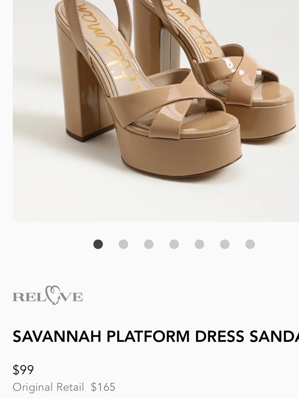 Delman Beige Patent Platform Block Heel Sandal with Ankle Strap